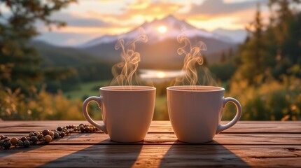 Romantic Morning Coffee with Mountain Sunrise – Peaceful Nature Moment

