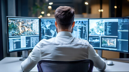 Surveillance operator monitoring multiple screens in dark office environment