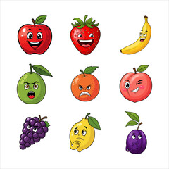 Vector illustration of a collection of cute fruits with different facial expressions in a simple flat style.