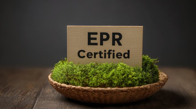 Extended Producer Responsibility (EPR) Concepts. A wooden sign reading "EPR Certified" sits on a bed of green moss in a woven basket, symbolizing eco-friendly certification.
