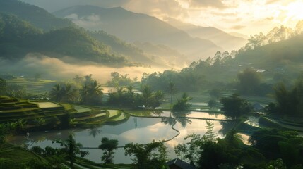 In the early summer during the grain buds season, the rice paddies ripple with water