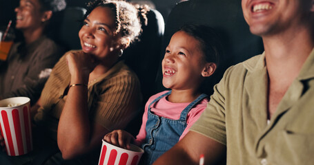 Movie, theatre and child with popcorn in cinema for entertainment, experience and watching cartoon....