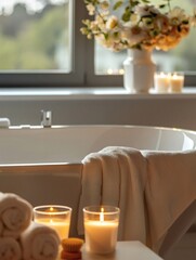 The soft lighting in the bathroom, accompanied by scented candles placed beside the bathtub