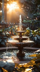 The fountain in the garden sparkles under the lights, surrounded by lush greenery