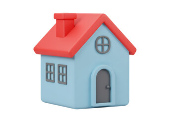 Isolated Cartoon House with Red Roof and Blue Walls