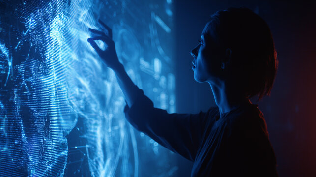 Tech Touch: A person interacts with an ethereal projection, a fusion of technology and human connection, emphasizing the seamless integration of digital and physical realms. 