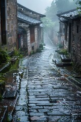 In the ancient town under the rain, the bluestone paths are washed exceptionally clean by the rain