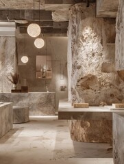 The natural stone booth features clear textures, complemented by soft lighting and a gentle background