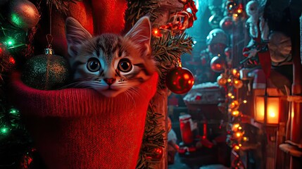 A curious kitten peeking out from a holiday stocking, surrounded by glowing garlands and festive props. 