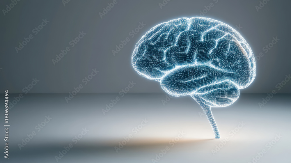 Poster glowing abstract brain design with soft light lines creates futuristic atmosphere
