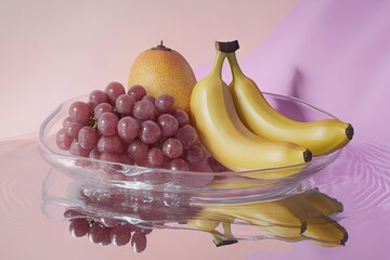 A clear glass bowl holds red grapes, a mango, and two bananas, all reflecting on a pink and purple surface; minimalist still life