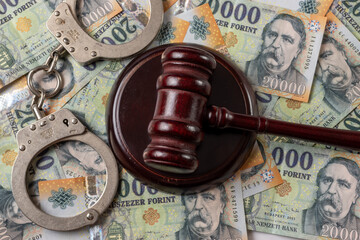 Gavel, handcuffs and hungarian forint