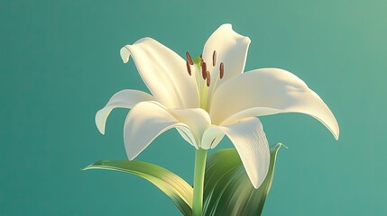 A delicate lily in full bloom, with its white petals contrasting against a deep green background. The white lily blooms beautifully, its soft petals standing out against