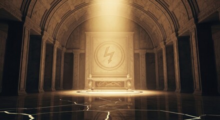 Mysterious Ancient Temple with Glowing Lightning Bolt Symbol - Mythological, Spiritual, and Power Concept