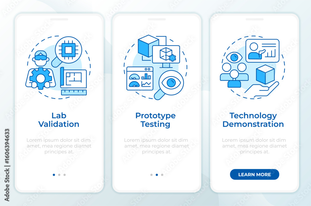 Poster levels of technology readiness blue onboarding mobile app screen. walkthrough 3 steps editable graph