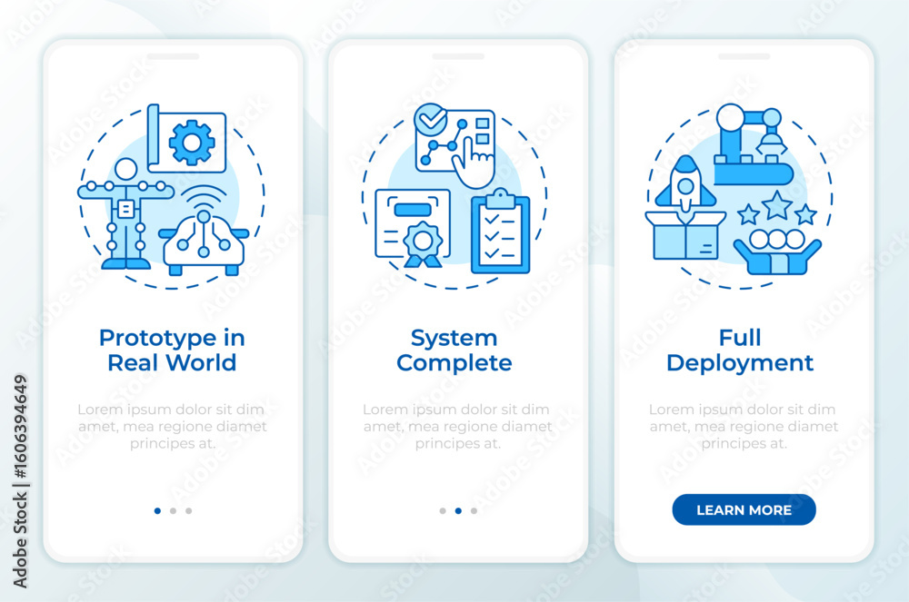 Poster technology readiness levels blue onboarding mobile app screen. deployment. walkthrough 3 steps edita