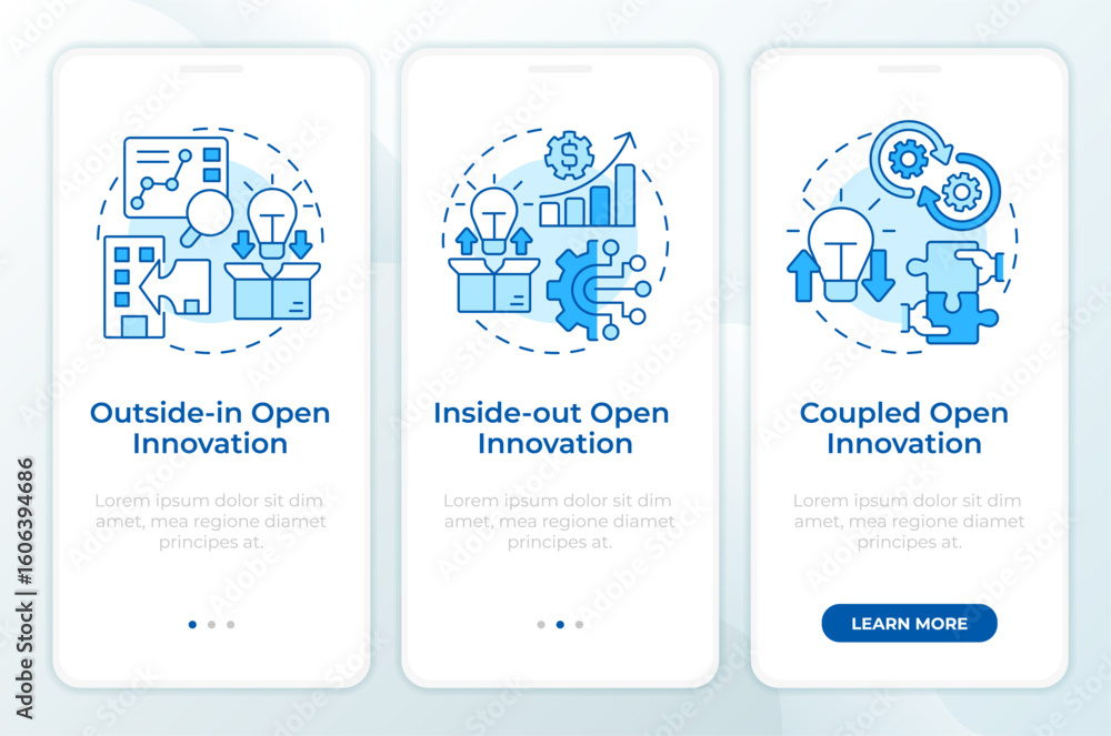 Poster models of open innovation blue onboarding mobile app screen. rd management. walkthrough 3 steps edit