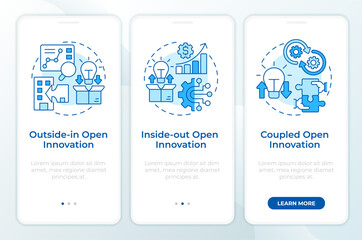 Models of open innovation blue onboarding mobile app screen. RD management. Walkthrough 3 steps editable graphic instructions with linear concepts. UI, UX, GUI. Montserrat SemiBold, Regular fonts used