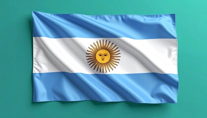 Argentina&rsquo;s flag featuring Sun of May and sky-blue-white bands against a striking teal background