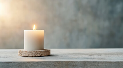 Serene candle burning softly on textured surface, creating calming atmosphere