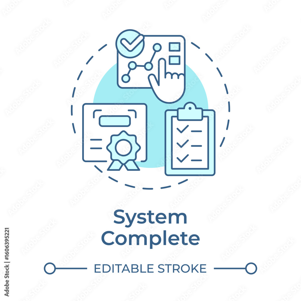 Poster system complete soft blue concept icon. product certification. technology readiness level. deploymen