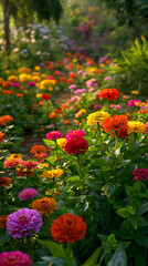 Colorful Symphony: A Serene Escape in the Vibrant and Lush Zinnia Garden Awash with Nature's Creative Splendor