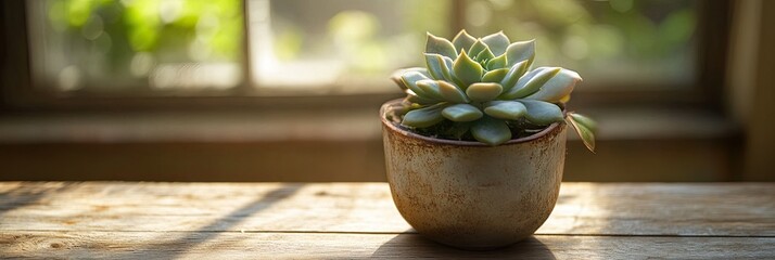 A cluster of small succulents in a rustic pot, placed on a weathered wooden table. The soft sunlight creates a warm and inviting atmosphere, highlighting the natural textures of the plants. 