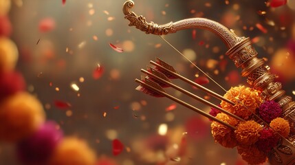 Indian hindu mythology gods riding horses with bows and arrows in a vibrant orange and red sky scene