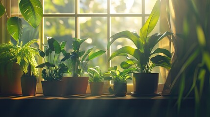 A collection of houseplants arranged on a windowsill, with soft sunlight streaming through the glass. The sunlight illuminates the vibrant greenery, creating a 