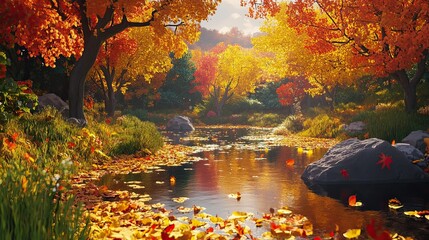 A colorful autumn scene with a winding river reflecting the golden and red leaves of surrounding trees. The winding river reflects the golden and red autumn leaves of the surrounding trees, 