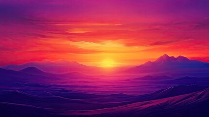 A colorful desert sunset, with vibrant red and orange skies illuminating the barren landscape and distant mountains. The desert is bathed in vibrant colors of red and orange as the sun sets, 