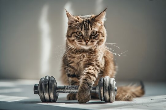 A fluffy tabby cat curiously sits beside a black dumbbell, blending cozy feline charm with an amusing twist of fitness contrast. AI generated.
