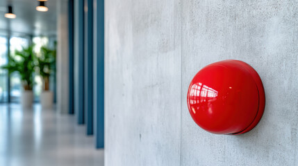 Red fire alarm on wall in modern building interior with concrete surface and plants