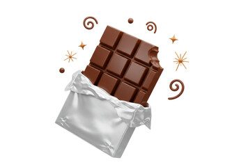 Isolated Chocolate Bar with Bite and Decorative Elements
