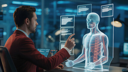 Doctor analyzes holographic human anatomy in futuristic medical office
