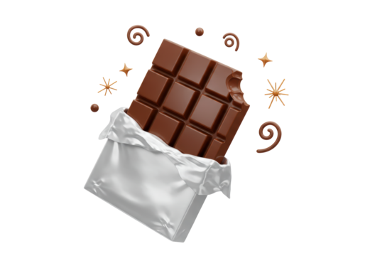 Isolated Chocolate Bar with Bite and Decorative Elements