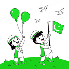 Vector illustration of a girl and boy holding green balloons and waving flags. Cute children’s character design, cheerful scene, perfect for celebrations, festivals, or national events.

