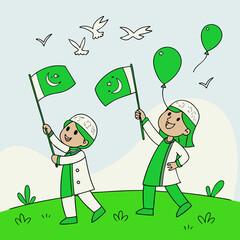 Vector illustration of a girl and boy holding green balloons and waving flags. Cute children’s character design, cheerful scene, perfect for celebrations, festivals, or national events.

