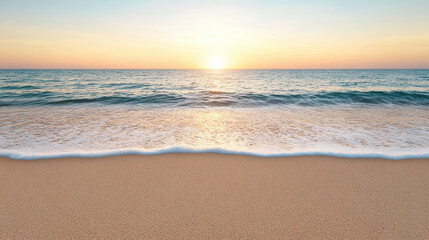Obraz premium Gentle waves lapping shore under pastel sky at sunset create serene atmosphere