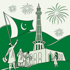 Pakistan Independence Day Celebration Illustration with Minar-e-Pakistan, Patriotic Family Waving National Flag, Fireworks in Background – Green and White Vector Art

