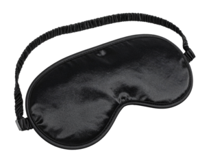 A black sleep eye mask, isolated on a white background, for relaxation and travel comfort.