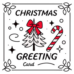 Vector illustration of a Christmas greeting card with a festive ribbon. Elegant holiday design featuring snowflakes, gift bow, and seasonal decorations — perfect for winter celebrations.

