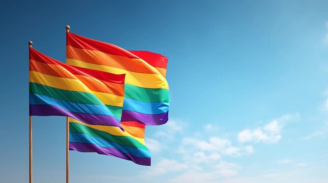 Two rainbow flags waving against a clear blue sky on a sunny day. LGBTQ+ pride and freedom. LGBTQ+ pride and equality and inclusivity