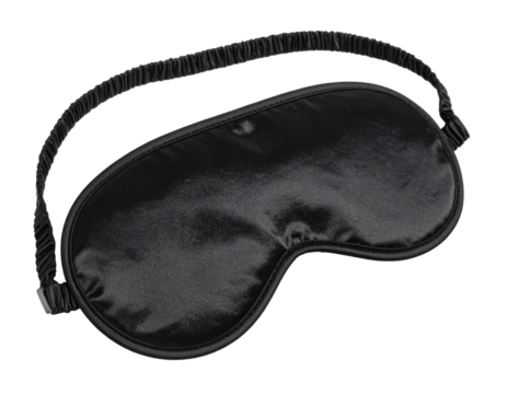 A black sleep eye mask, isolated on a white background, for relaxation and travel comfort.