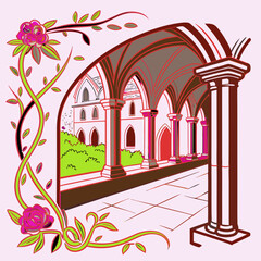 Vector illustration of a peaceful church in the morning light, surrounded by nature. Sunrise sky, warm tones, calm and spiritual atmosphere, perfect for religion and architecture themes.

