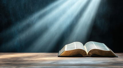 Book illuminated by soft light creates serene atmosphere, symbolizing knowledge