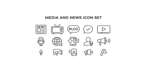 Print   Media and news line editable icon set. Containing News, Television, blogging, social media, video, promotion, and more. Editable stroke. Vector illustration 