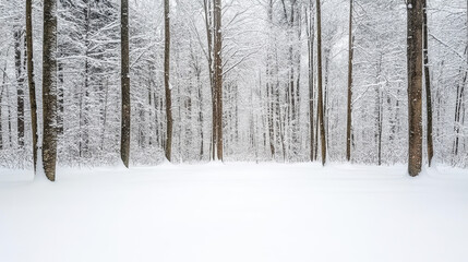 Fototapeta premium Serene winter landscape features tall trees blanketed fresh snow, creating peaceful atmosphere