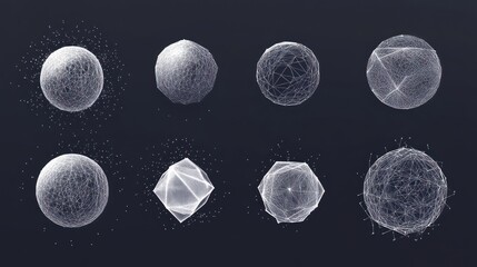 Obraz premium Eight abstract polygonal spheres and geometric shapes.