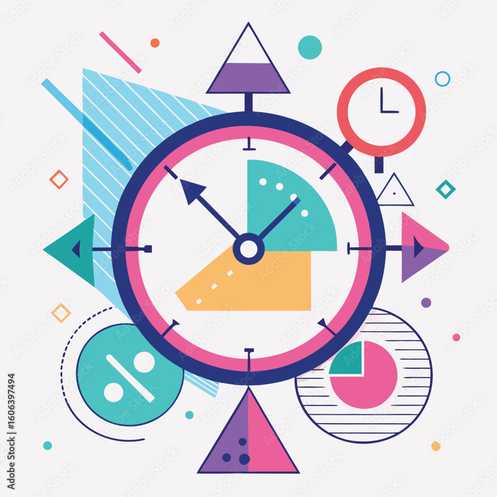 Poster abstract clock design with geometric shapes and pastel colors representing time and concepts